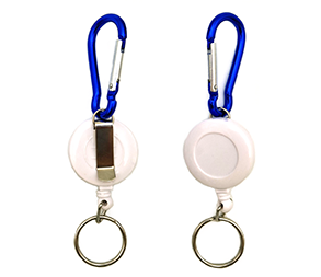 White yoyo with blue carabiner, belt clip and keychain