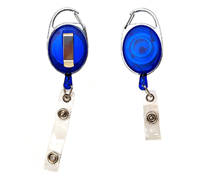 Blue yoyo with carabiner, belt clip and vinyl clip